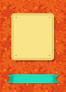Floral greeting card. Red and yellow geometric flowers. Yellow and green banners for custom text. Orange background
