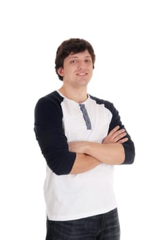 A nice handsome young Caucasian man standing with his arms crossed, looking.happy, isolated for white background.