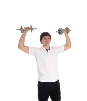 A smiling young man lofting up two dumbbells in a closeup image with an.white t-shirt, isolated for white background.
