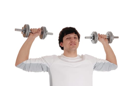 A closeup image of a young man lifting two dumbbells, looking into the camera.in a white t-shirt, isolated for white background.