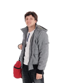 A young smiling handsome man standing in closeup in a gray jacket and red.gym back smiling isolated for white background.