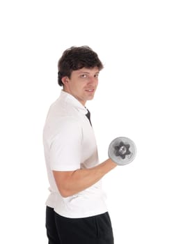 A handsome young Caucasian man standing in profile and close up in a white.shirt, holding a dumbbell, looking into camera, isolated for white background.