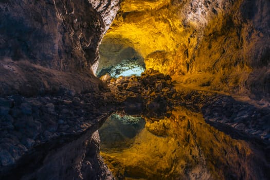Underground lake inside volcanic cave "Cueva de los Verdes"" - Lanzarote, Canary Islands, Spain"