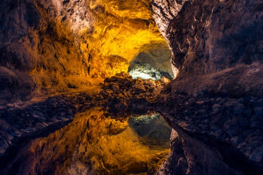 Underground lake inside volcanic cave "Cueva de los Verdes"" - Lanzarote, Canary Islands, Spain"