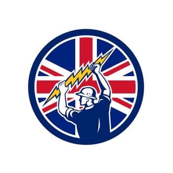 Icon retro style illustration of a British electrician or power lineman holding lightning bolt with United Kingdom UK, Great Britain Union Jack flag set inside circle on isolated background.