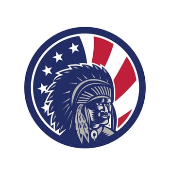 Icon retro style illustration of Native American Indian chief wearing war bonnet, a feathered headgear with United States of America USA star spangled banner or stars and stripes flag inside circle.