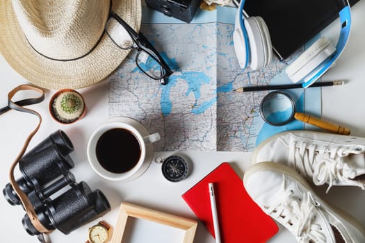 Overhead view of travel accessories and vacation items. Outfit of traveler. Flat lay.