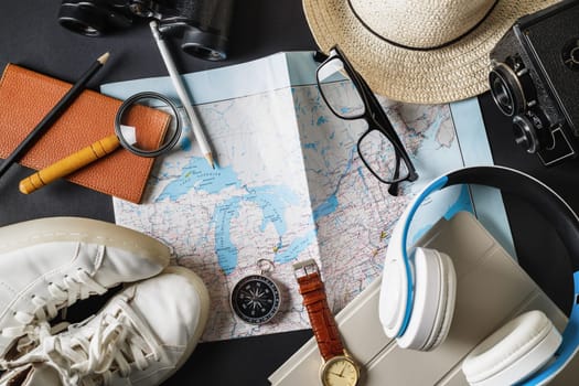 Essential travel accessories. Vacation items. Outfit of traveler. Flat lay