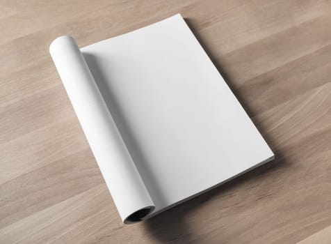Blank opened magazine mock-up. Catalog on wood table background.