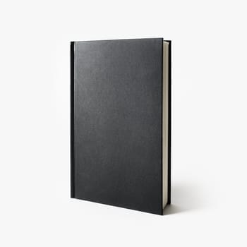 Blank black vertical book cover on white paper background.
