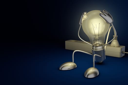Incandescent lamp holding his hands behind his head. 3d render.