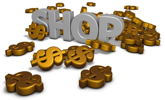 the word shop and many dollar signs - 3d rendering