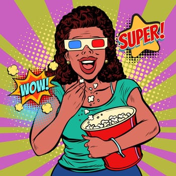 woman in 3D glasses watching a movie, smiling and eating popcorn. Fast food in the cinema hall. Pop art retro vector illustration comic cartoon vintage kitsch