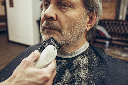 Close-up side view portrait of handsome senior bearded caucasian man getting beard grooming in modern barbershop. Hairdresser serving client, making beard haircut using shaving machine. Barber shop concept.