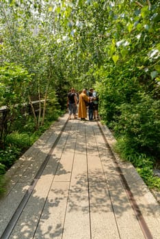 New York, NY, USA - June 8, 2015: The High Line Park in New York City, USA. It is a 2,33 km long elevated linear park, greenway and rail trail, created on a former New York Central Railroad spur on the west side of Manhattan.