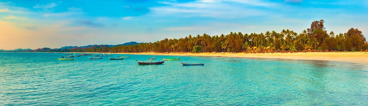 Seascape at sunset time. Beautiful landscape of the Indian ocean. Amazing view. High resolution panorama