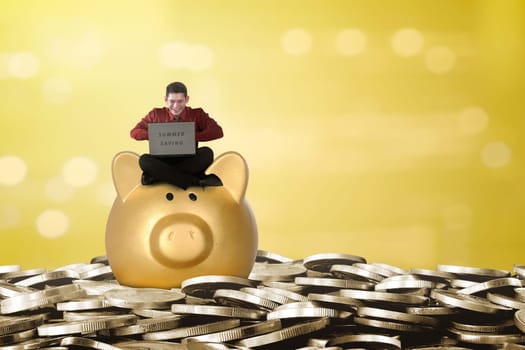 Happy asian businessman using laptop above piggy bank. Summer saving concept