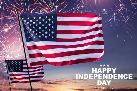 Waving american flag with fireworks background. Happy Independence day