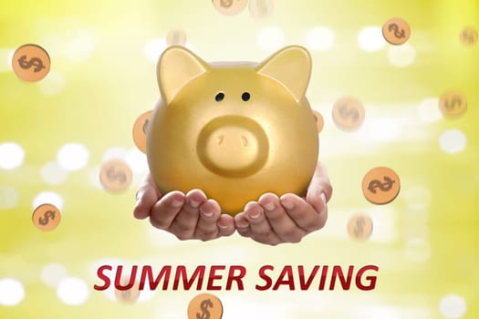 People hands holding piggy bank. Summer saving concept