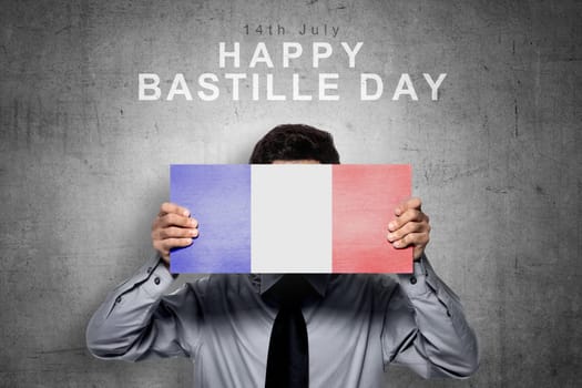 Businessman holding board with france flag color. Happy Bastille Day