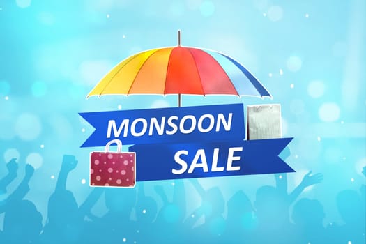 Monsoon sale with umbrella and paper bag. Monsoon sale concept
