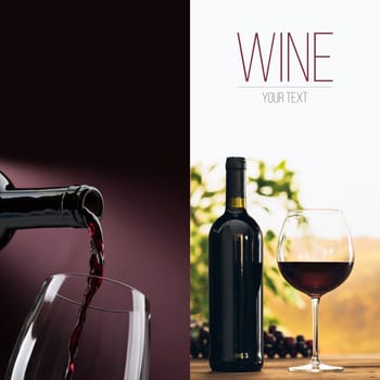 Wine tasting and winemaking poster set: wine pouring into a glass, wine bottle, wineglass and vineyard