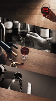 Excellent red wine tasting and winemaking at the wine cellar, photo collage