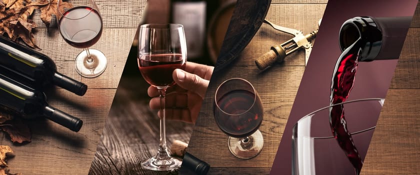 Wine tasting and winemaking photo collage with wine glasses and bottles