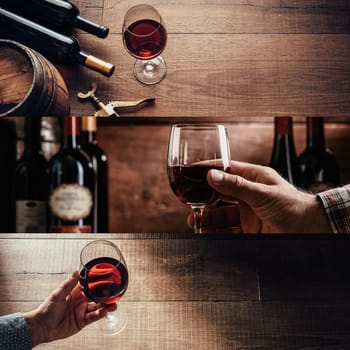 Excellent red wine tasting and winemaking at the wine cellar, photo collage