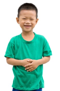 Happy Asian child smiling and holding his stomach. Portrait of young boy showing body parts isolated on white background.