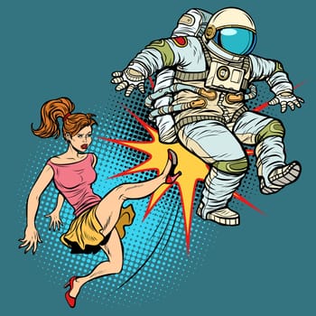 The woman kicks an astronaut family quarrel. Pop art retro vector illustration comic cartoon kitsch drawing
