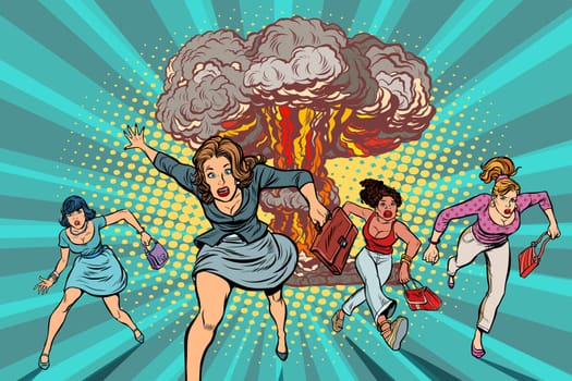 people run away from a nuclear explosion. Pop art retro vector illustration comic cartoon kitsch drawing