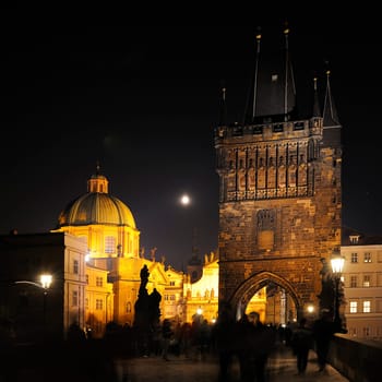 Colors in the night in Prague, Czech Republic. Charles Bridge