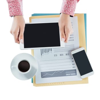 Business woman working at desk and using a digital tablet, hands close up, top view