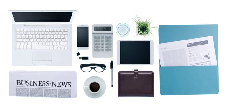 Hi-tech business desktop with computer, smartphone, paperwork and business news, top view on white background