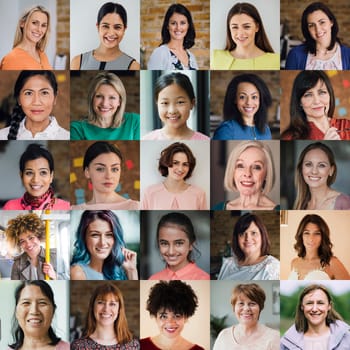 5X5 collage made up of headshot portraits of female adults and children.