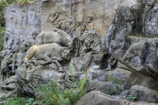 KUKS FOREST SCULPTURES, CZECH REPUBLIC, AUGUST 29, 2016 - Baroque reliefs by Matthias Bernard Braun