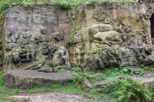 KUKS FOREST SCULPTURES, CZECH REPUBLIC, AUGUST 29, 2016 - Baroque reliefs by Matthias Bernard Braun