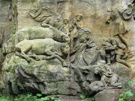 KUKS FOREST SCULPTURES, CZECH REPUBLIC, AUGUST 29, 2016 - Baroque reliefs by Matthias Bernard Braun