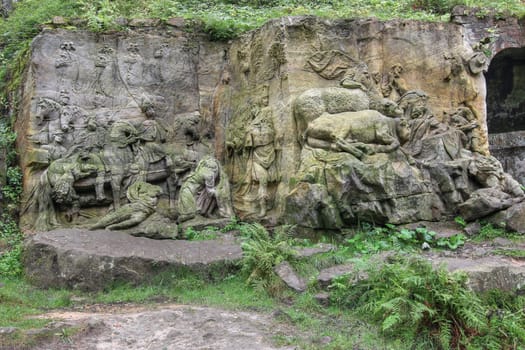 KUKS FOREST SCULPTURES, CZECH REPUBLIC, AUGUST 29, 2016 - Baroque reliefs by Matthias Bernard Braun