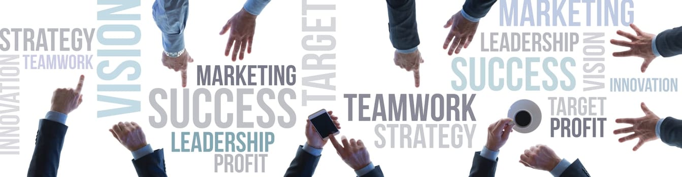 Financial success and business teamwork concept banner with text concepts and businessmen's hands top view