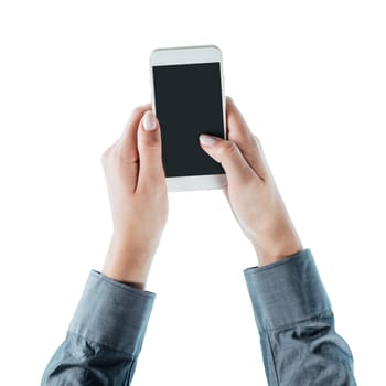 Business woman using a touch screen smart phone hands close up, top view, unrecognizable person