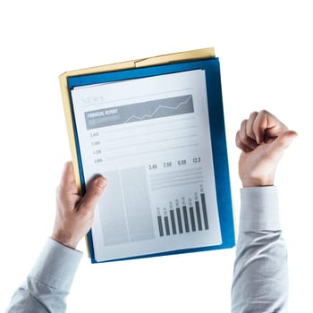 Successful businessman thumbs up holding a financial report on white background, hands close up