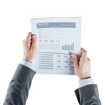 Businessman holding a financial report and checking data on white background, hands close up