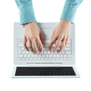 Business woman typing on a laptop keyboard on white background, top view, hands close up