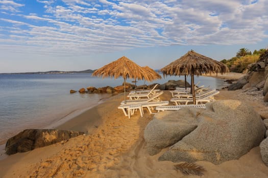 sunrise on the beach near Ouranoupolis city. Halkidiki, Greece