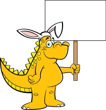 Cartoon illustration of a dinosaur wearing rabbit ears and holding a sign.