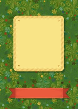 Floral greeting card. Colorful geometric flowers. Yellow and red banners for custom text. Green background