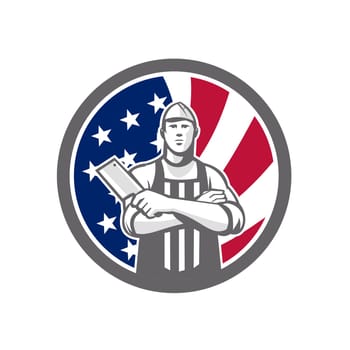Icon retro style illustration of American butcher arms crossed holding a meat cleaver viewed from front  with United States of America USA star spangled banner or stars and stripes flag inside circle.