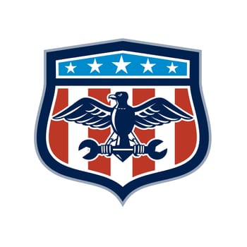 Icon retro style illustration of an American mechanic bald eagle clutching spanner wrench with United States of America USA star spangled banner or stars stripes flag inside crest isolated background.